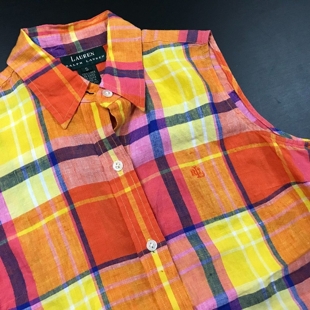 LAUREN RALPH LAUREN BRIGHT MULTI-COLOR PLAID LINEN SHIRT